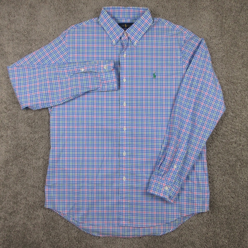 Polo Ralph Lauren Shirt Mens Large Blue Plaid Classic Fit Green Pony Button Up
